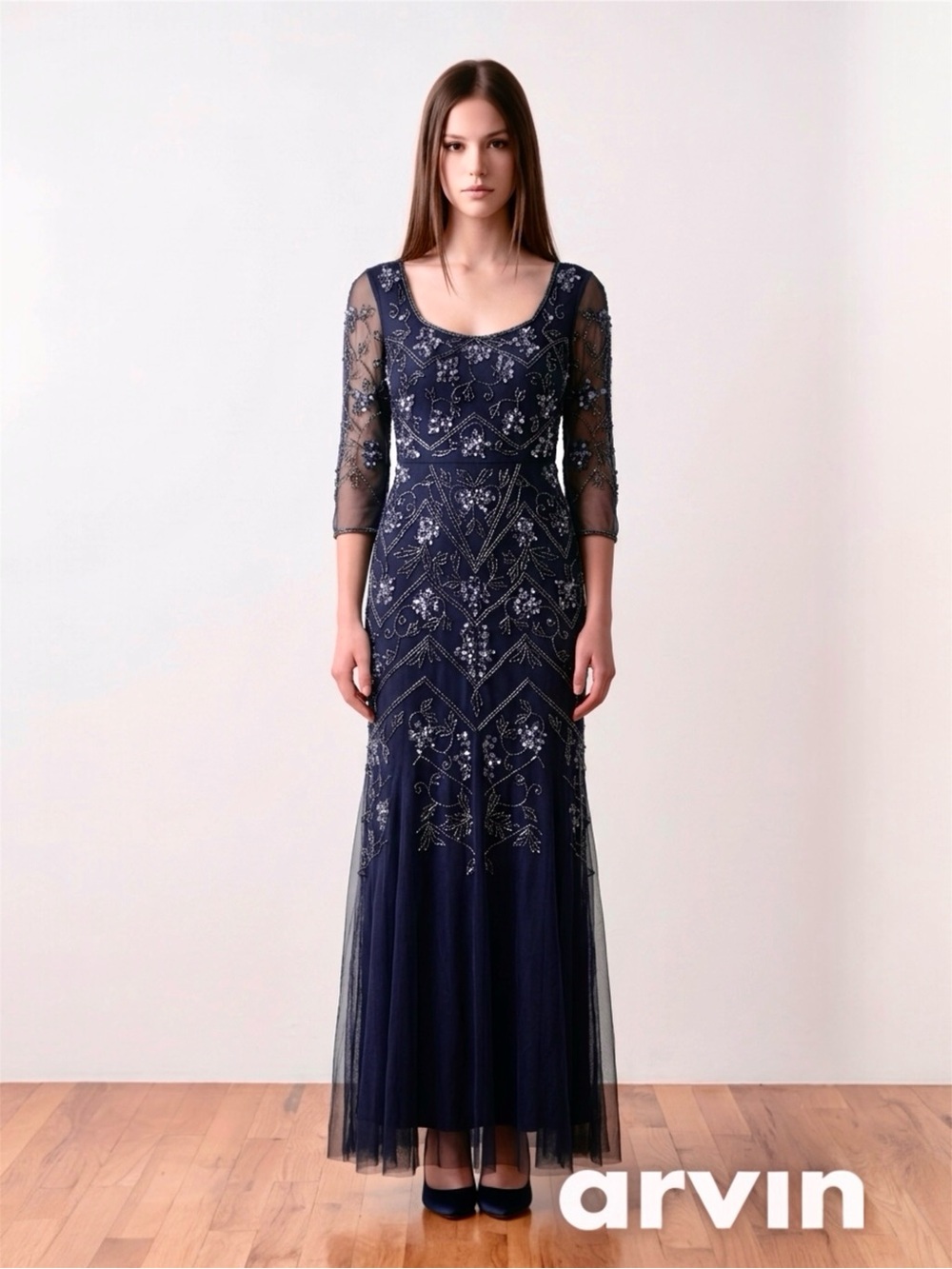 $695 Adrianna Papell Sparkling Decorative Sequins Maxi Gown Dress Size 4 Women’s